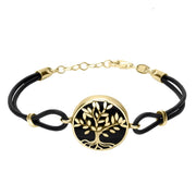 9ct Yellow Gold Whitby Jet Cord Round Large Leaves Tree Of Life Bracelet B1141