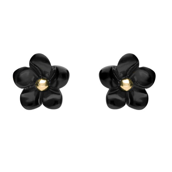 00105064 C W Sellors 9ct Yellow Gold and Whitby Jet Small Flower Stud Earrings. E1324