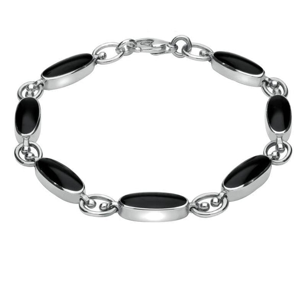 00087518 Sterling Silver Whitby Jet Long Oval Bracelet. B187