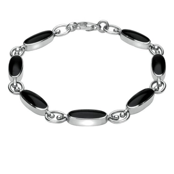 00087518 Sterling Silver Whitby Jet Long Oval Bracelet. B187