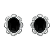 00069558 C W Sellors Sterling Silver Whitby Jet Large Rope Oval Frill Stud Earrings, E079.
