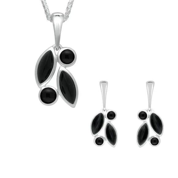 Sterling Silver Whitby Jet Four Stone Leaf Drop Two Piece Set S047