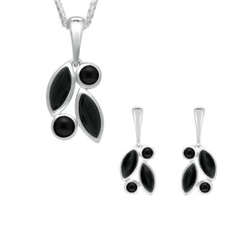 Sterling Silver Whitby Jet Four Stone Leaf Drop Two Piece Set S047