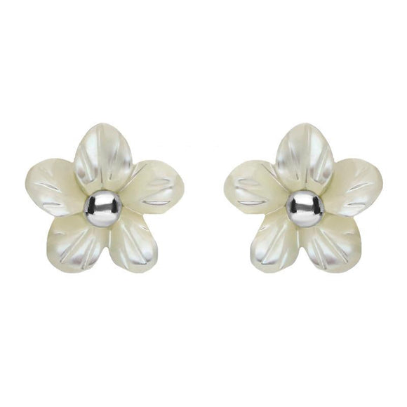 00126556 C W Sellors Sterling Silver White Mother of Pearl Tuberose Pansy Stud Earrings, E2152.