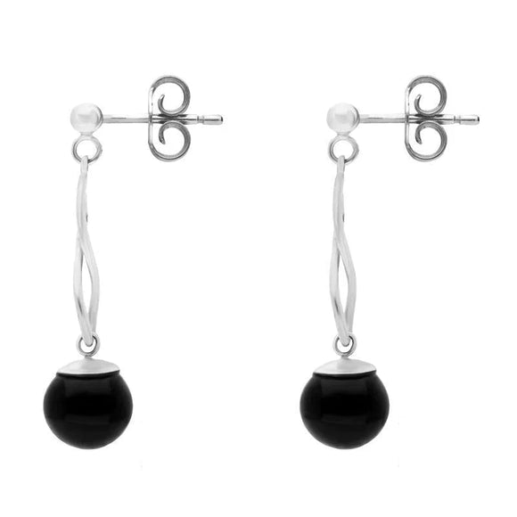 00073995 C W Sellors Silver Whitby Jet 8mm Bead Twist Drop Earrings, E1481.