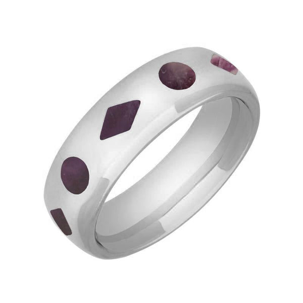 00133166 C W Sellors Sterling Silver Blue John Diamond aand Dot Pattern 8mm Wedding Band Ring, R583.