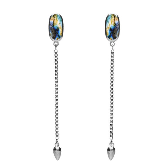 Sterling Silver Spectrolite Lineaire Long Drop Stud Earrings, E2240.