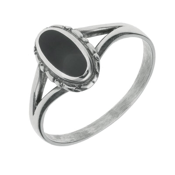 Whitby Jet Ring Oval Split Shoulder Silver R116