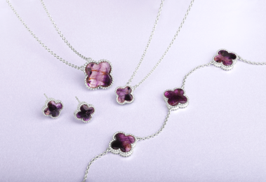 Sterling Silver Blue John Bloom Three Stone Four Leaf Clover Ball Edge Chain Bracelet