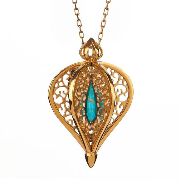 Yellow Gold Vermeil Turquoise Flore Filigree Small Necklace P2338C