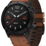 Garmin Watch Fenix 6X Sapphire Black DLC Brown Leather Band 010-02157-14