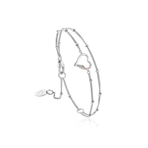 Clogau Past Present Future Heart Sterling Silver White Topaz Double Chain Bracelet, 3SPPF0645