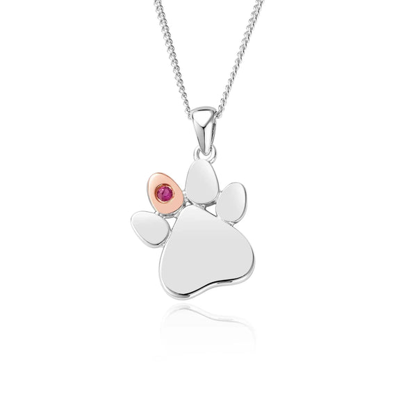 Clogau Paw Prints On My Heart Sterling Silver July Birthstone Ruby Necklace, 3SPWP0677