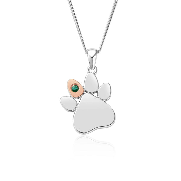 Clogau Paw Prints On My Heart Sterling Silver May Birthstone Emerald Necklace, 3SPWP0675