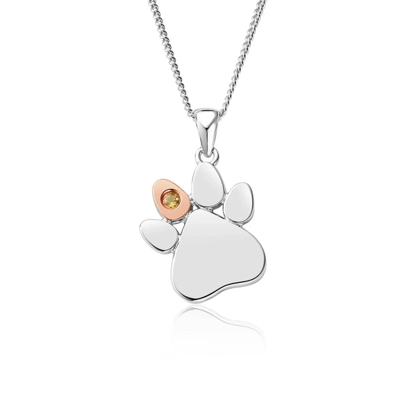 Clogau Paw Prints On My Heart Sterling Silver November Birthstone Citrine Necklace, 3SPWP0681