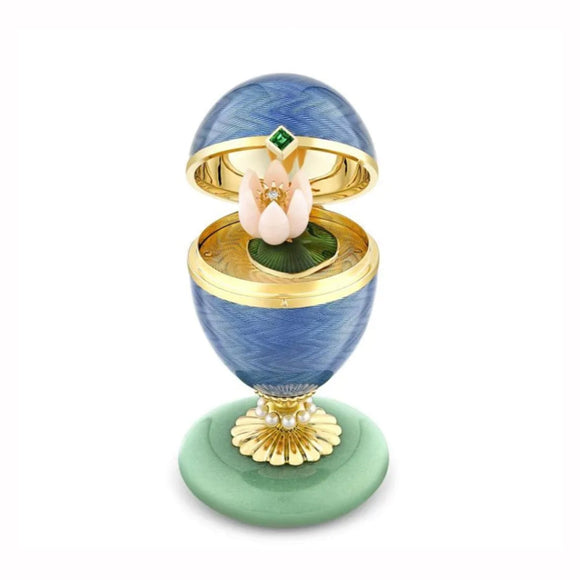 Faberge Heritage 18ct Yellow Gold Blue Guilloche Enamel Limited Edition Egg Objet with Water Lily Surprise 1922DA3188.