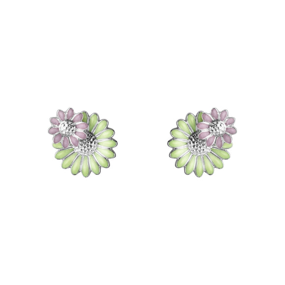 Georg Jensen Stine Goya Daisy Sterling Silver Green and Pink Enamel Stud Earrings, 20001126