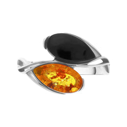 Silver Amber Whitby Jet Double Pear Celtic Ring