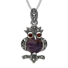 Sterling Silver Blue John Marcasite Garnet Owl Necklace. P2980.
