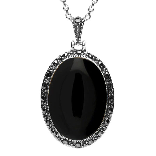 Sterling Silver Whitby Jet Marcasite Oval Star Back Necklace