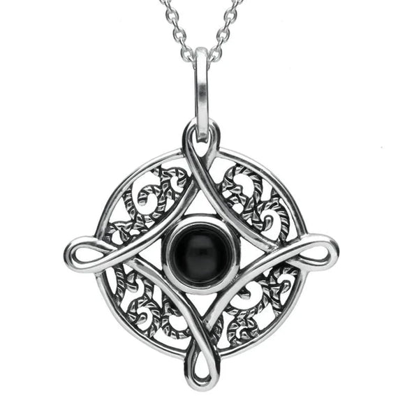 Sterling Silver Whitby Jet Four Point Cross Necklace. P2551.