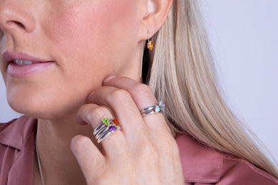 9ct Yellow Gold Sterling Silver Whitby Jet Stepping Stones Square Stud Earrings