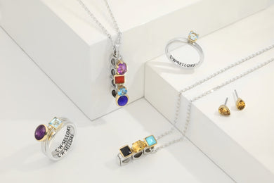 9ct Yellow Gold Sterling Silver Whitby Jet Stepping Stones 5mm Round Claw Set Ring D