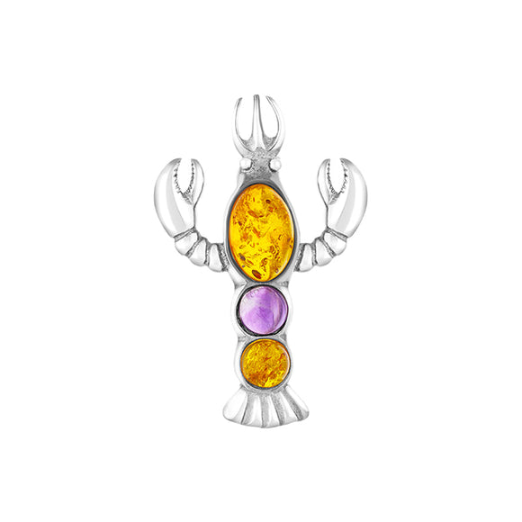 Sterling Silver Amber Amethyst Lobster Brooch, M279