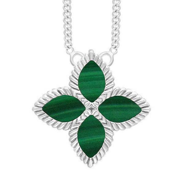 Sterling Silver Malachite Bloom Large Flower Ball Edge Necklace N1156