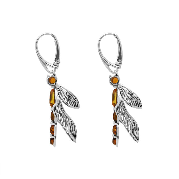 Sterling Silver Amber Dragonfly Drop Earrings