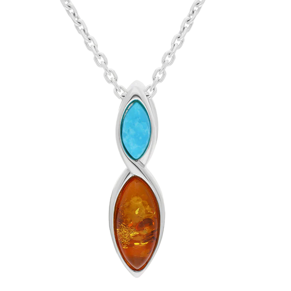 Sterling Silver Amber Turquoise Two Stone Marquise Necklace P1379