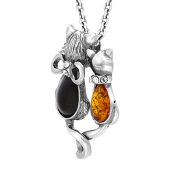 Sterling Silver Amber Whitby Jet Cat Necklace
