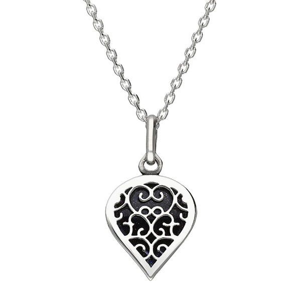 Sterling Silver Blue Goldstone Flore Filigree Small Heart Necklace. P3629.