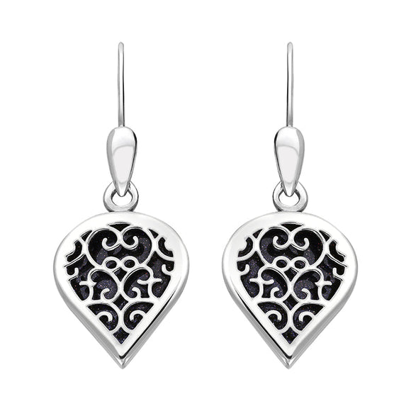 Sterling Silver Blue Goldstone Flore Filigree Heart Drop Earrings. E2588.
