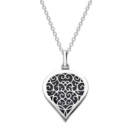 Sterling Silver Blue Goldstone Flore Filigree Medium Heart Necklace. P3630.