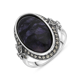 Sterling Silver Blue John Marcasite Frame Large Oval Ring, R782
