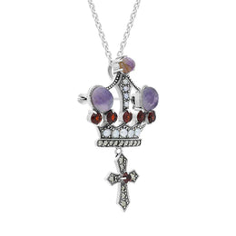 Sterling Silver Blue John Marcasite Garnet Freshwater Pearl Crown & Cross Necklace