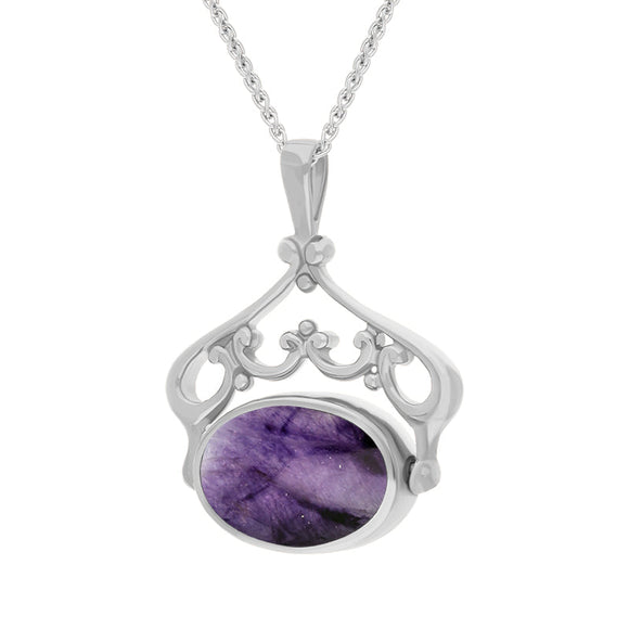 Sterling Silver Blue John Mother Of Pearl Ornate Double Sided Oval Swivel Fob Necklace, P116_8_3.