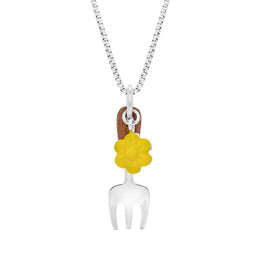 Sterling Silver Chatsworth Garden Yellow Flower Wooden Handle Garden Fork Pendant, P3662