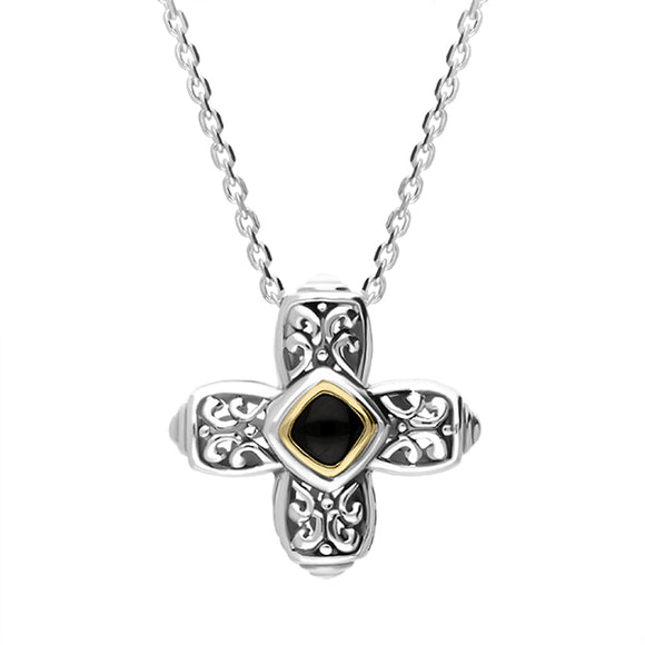 Sterling Silver Whitby Jet Ornate Cross Necklace D 0463