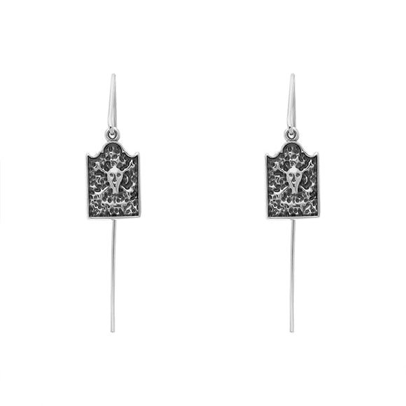 Sterling Silver Whitby Jet Gravestone Skull and Crossbones Hook Earrings E2594