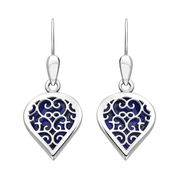 Sterling Silver Lapis Lazuli Flore Filigree Heart Drop Earrings. E2588.