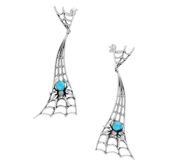 Sterling Silver Turquoise Gothic Articulated Spider Web Drop Earrings E2101