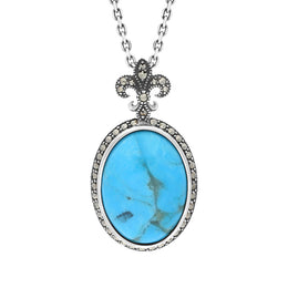 Sterling Silver Turquoise Marcasite Fleur De Lis Topped Oval Necklace, P2215