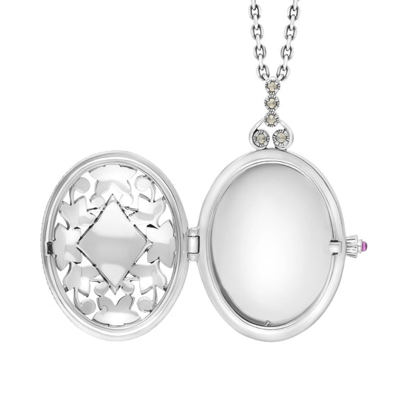 Sterling Silver Turquoise Marcasite Large Oval Flower Edge Locket Necklace