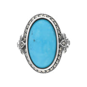 Sterling Silver Turquoise Marcasite Oval Fleur De Lis Ring