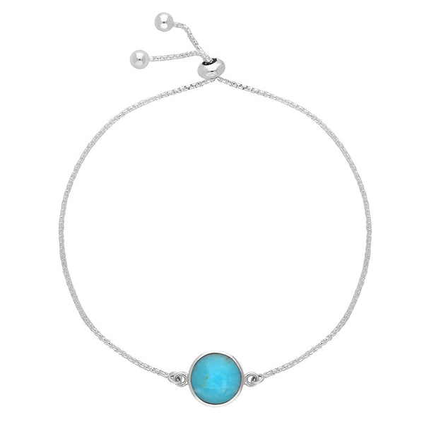 Sterling Silver Turquoise Round Stone Adjustable Chain Bracelet, B1126.