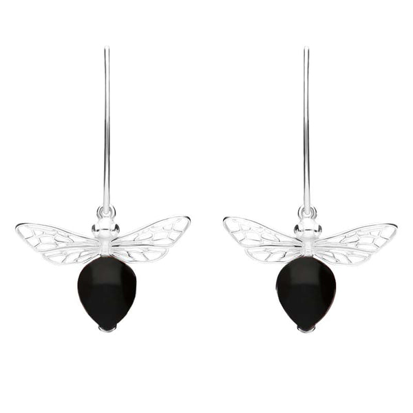 Sterling Silver Whitby Jet Bee Small Hook Earrings, E2438.