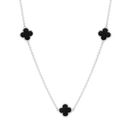 Sterling Silver Whitby Jet Bloom Four Leaf Clover Ball Edge Necklace