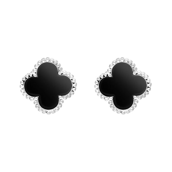 Sterling Silver Whitby Jet Bloom Four Leaf Clover Ball Edge Stud Earrings, E2600